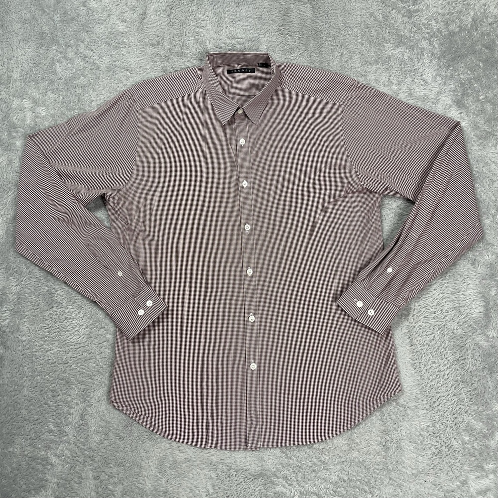 Theory Shirt Mens Medium Red Gingham Slim Fit Stretch Dress Long Sleeve